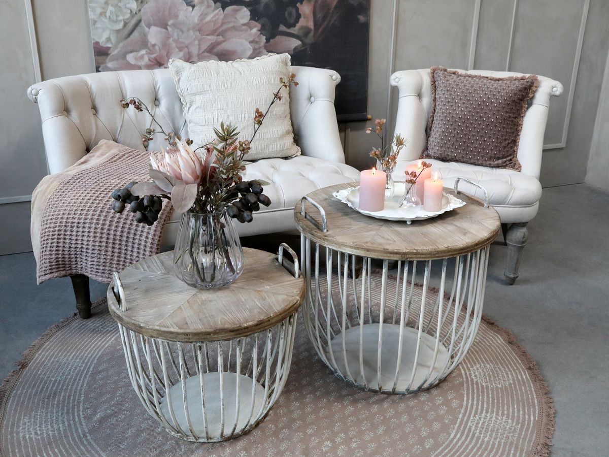 Sofabord i hvit med trelokk - Sett med 2 bord - Chic Antique