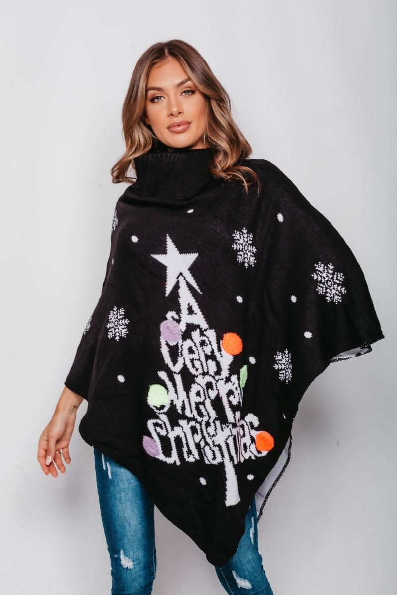Juleponcho sort Merry Christmas - One size