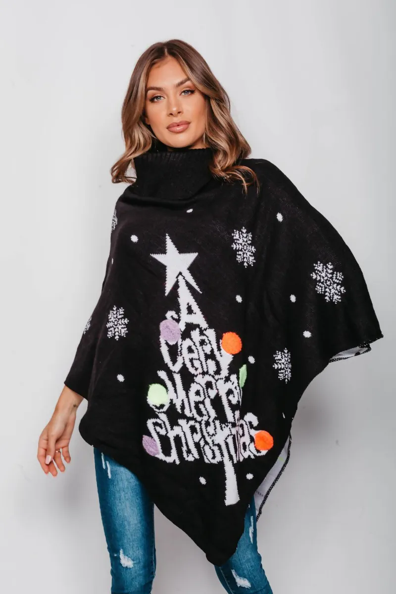 Juleponcho sort Merry Christmas - One size