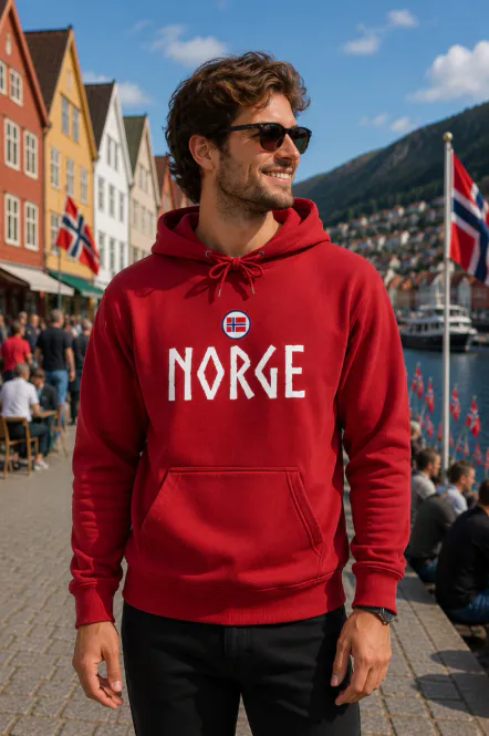 Hovedbilde Norge hettegenser i rød viking 
