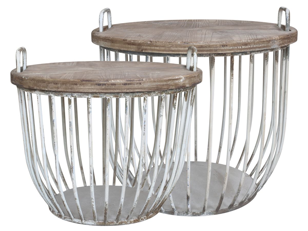 Sofabord i hvit med trelokk - Sett med 2 bord - Chic Antique