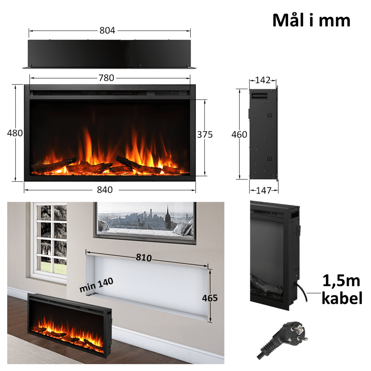 Caloroso innbyggings peis - Maks 2000 watt